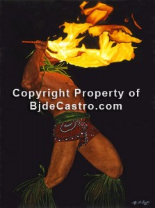 Watercolor painting, Fire-Knife Dance, Hawaii, by artist Bj. deCastro